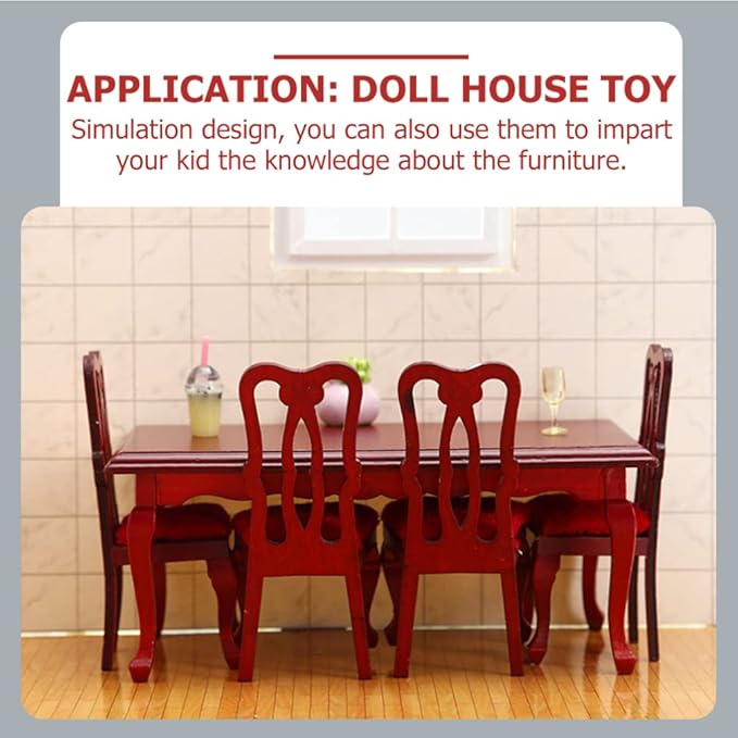 Vintage Dollhouse Furniture Miniature Table and Chairs Set 1/12 Scale Accessories Wood Mini Victorian Dining Chair Set Red Kitchen Decorations Model
