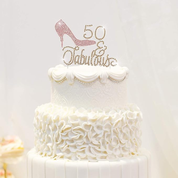 LINGTEER 50 Fabulous Pink High Heel Rhinestone Crystal Cake Topper Perfect for 50th Birthday Anniversary Party Keepsake Sparkle Decoration