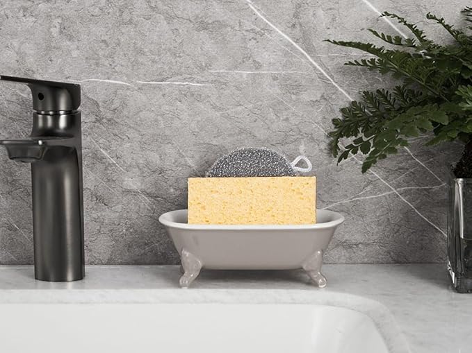 NEWHENGS 6.5" Ceramic Mini Decorative Clawfoot Bathtub Bar Soap Dish, Kitchen Sponge Holder and Shower Tray for Bathroom, 1 Pack(Taupe)