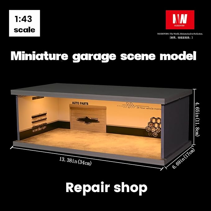 1/43 Diorama Display Case with Tri-Colour Dimmable Lighting, Fits for Hot Wheel Matchbox Mini GT Diecast Cars Model,1:43 Car Garage Parking Lot Scene Display Storage (Repair Shop)