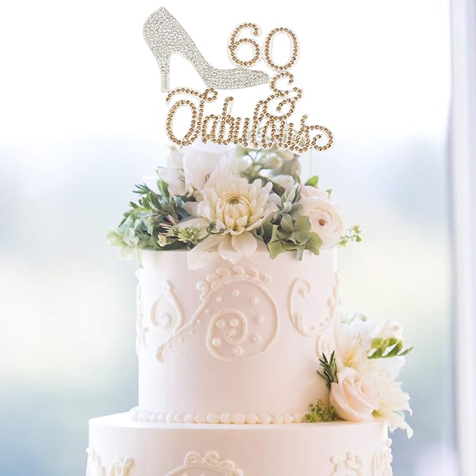 LINGTEER 60 Fabulous Silver High Heel Rhinestone Crystal Cake Topper Perfect for 60th Birthday Anniversary Party Keepsake Sparkle Decoration