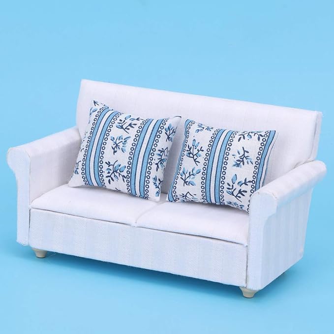 Dollhouse Sofa,1:12 Simulation Miniature Furniture White Sofa with Back Cushions Model Toy for Fairy Gardens Dollhouse Living Room Scene Decoration Accessories(2 Seat Sofa)
