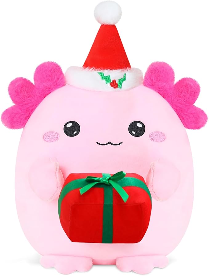Christmas Axolotl Plush, Cute Axolotl Holding Gift Stuffed Animals Christmas Day Decor Party Favors for Girls and Boys(Pink)
