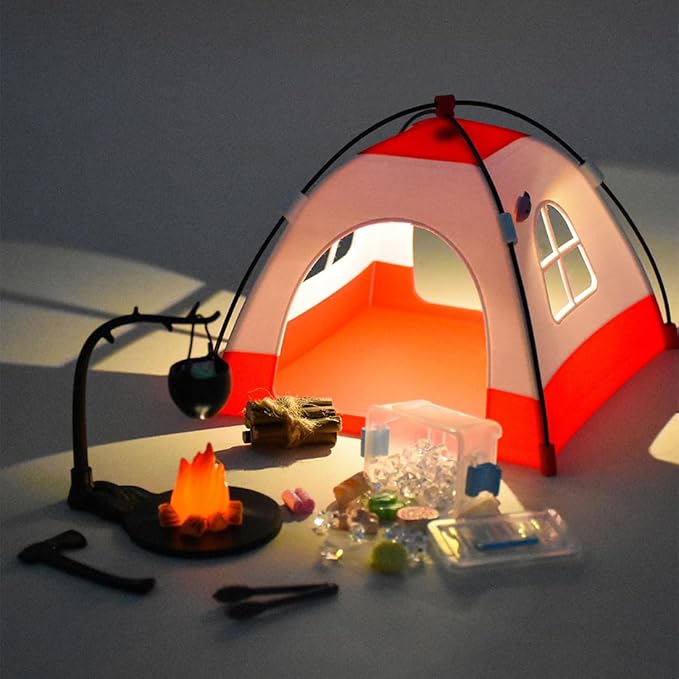1/12 Scale Mini Realistic Camping and Picnic Model Set, Food-Play Props, Prentend-Play Accessory Set (Green Tent + Light + Ladybug + Picnic Food Items/Light-Up)