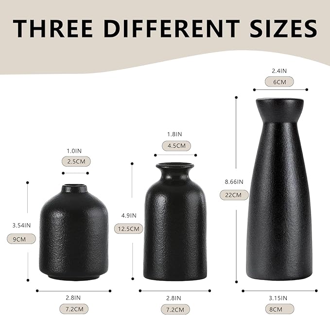Black vase Set of Three, Bohemian Style vases,Small Flower vases for Home Decoration,entryway Table Decor，Living Room, Bedroom, Dining Table Decorations, Fireplace, and Entrance Decorations. (Black)
