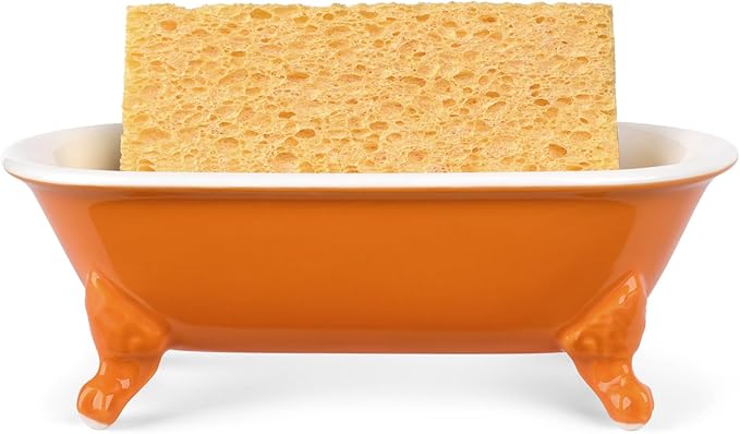 NEWHENGS 6.5" Ceramic Mini Decorative Clawfoot Bathtub Bar Soap Dish, Kitchen Sponge Holder and Shower Tray for Bathroom, 1 Pack(Tangerine)