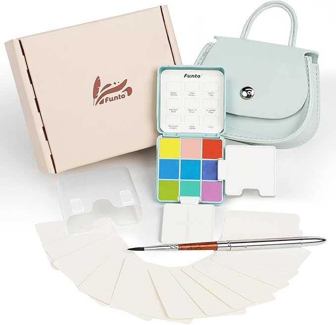 Funto Mini Watercolor Set Travel Kit with 9 Colors, Leather Bag & Watercolor Paper, Portable Drawing & Painting Supplies for Beginners, Art Gift Set