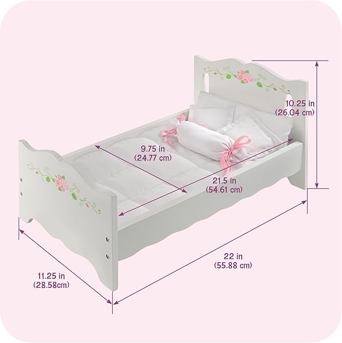 Badger Basket Wooden Doll Bed with Blanket and Pillow with Free Personalization Kit - Fits 18" to 20" Dolls - Ideal for Baby Dolls and Pretend Play Fun - White and Pink Rose Design