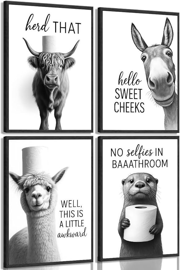 Funny Bathroom Wall Art Set of 4 Black and White Bathroom Wall Decor Toilet Paper Pictures Cute Humorous Animal Posters Prints Toilet Signs Painting Artwork Decoration 8x10in Unframed
