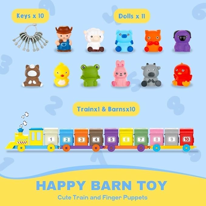 BOLZRA Farm Animals Train Toy for Toddlers 1 2 3 4 Years Old, Counting, Matching, Sorting Montessori Learning Toy with 11 Finger Puppets, Keys, Barns, Educational Christmas Birthday Gift for Kids