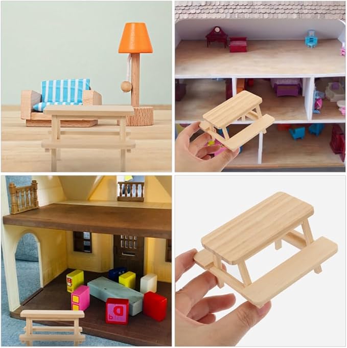Besportble Mini Wooden Picnic Table and Chair Set 3.23In Dollhouse Furniture Miniature Table and Tiny Chairs Decorative Model for Dollhouse Accessories and Scene Layout