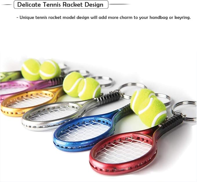 AUHOKY 6Pcs Mini Tennis Racket Keychain Key Ring, Fashionable Alloy Tennis Ball Split Ring, Sport Style Split Keychain for Sport Lovers Team - Exquisite & Lightweight(6 Colors)