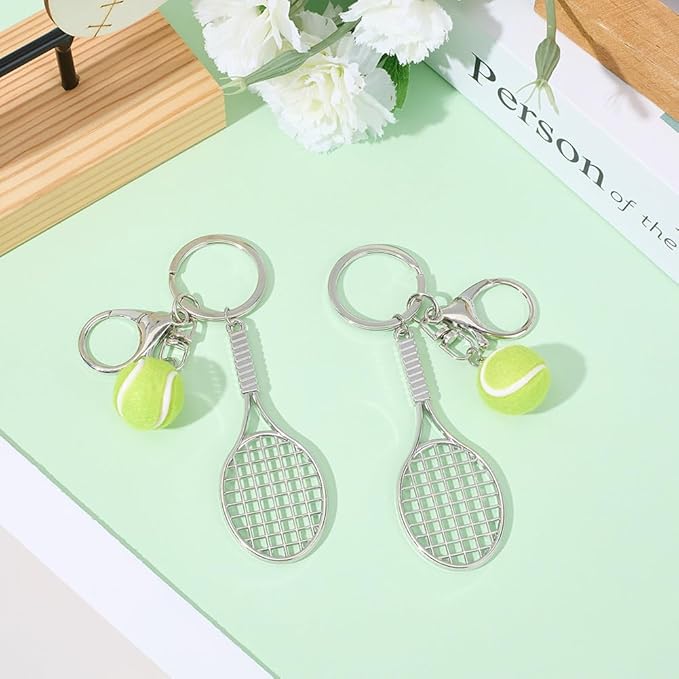 SOFPLATE 1 Box 2Pcs Tennis Themed Bag Charms Sport Ball Keychains Small Mini Metal Silver Racket Sports Hanging Alloy Charm Pendant Key Chains Charms for Purses Backpack Bags Party Favor Decoration