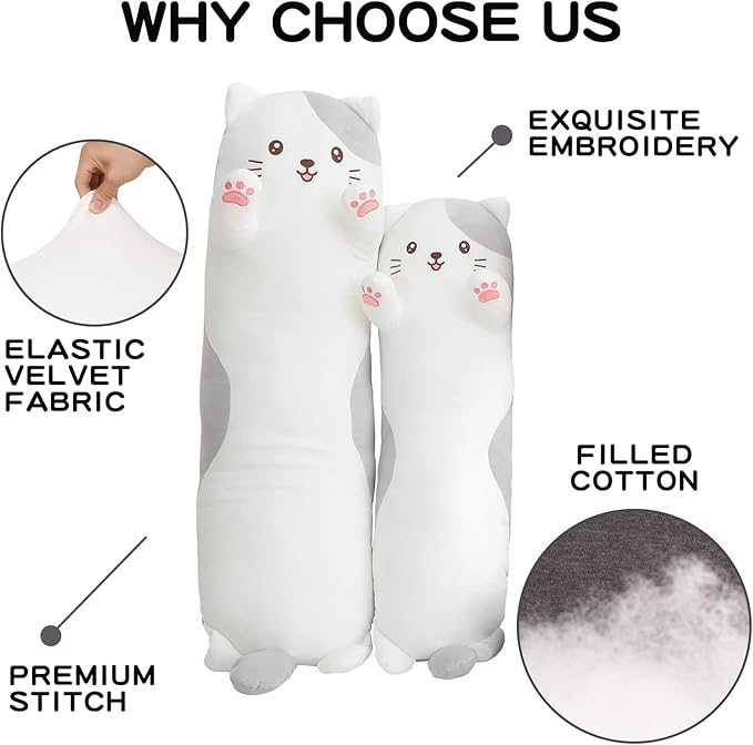 36" Cat Stuffed Animal, Soft Long Pillow Doll Cute Cartoon Kitten Plush Body Pillow Plushies Toy Gift for Kids, Girls, Birthdays, Valentine's, Christmas