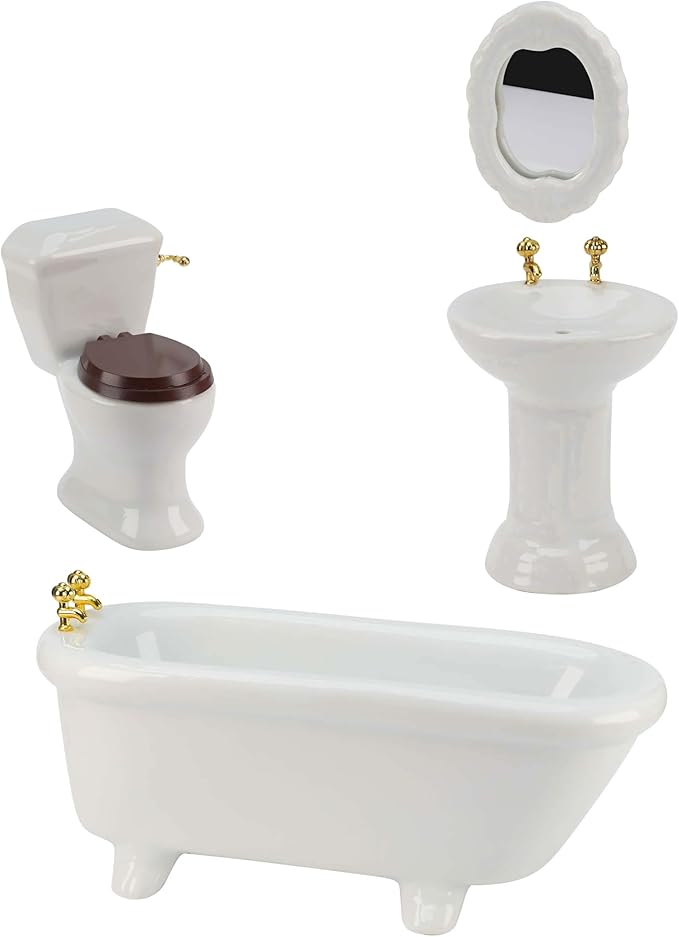 Waldosia 1:12 Scale White Porcelain Dollhouse Bathroom Set – 4-Piece Miniature Furniture with Bathtub, Pedestal Sink, Toilet & Mirror
