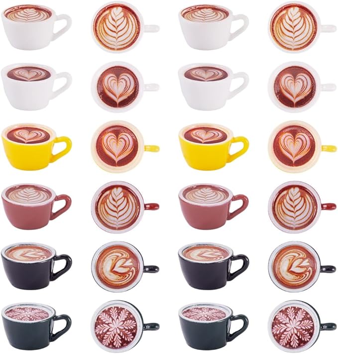 24Pcs Resin Coffee Cup Decorations Micro Landscape Dollhouse Decorations 6 Colors Coffee Cup Model with Latte Art Ornaments Imitation Food Drink Cabochons 26x20mm