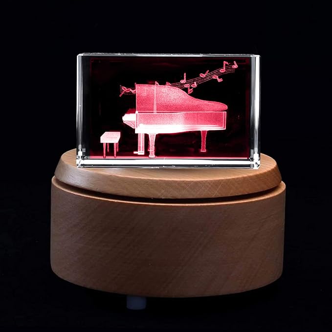 XINDAM 3D Piano Paperweight Laser Etched in Crystal Glass Cube for Graduation Christmas Birthday Valentine's Day (Included LED Base)