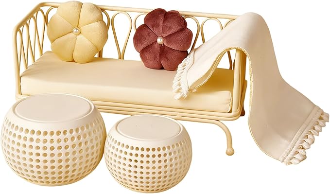 Doll House Sofa Set; Iron Frame Miniature Living Room Furniture; Detachable Washable Fabric Cushions for Creative Room Decoration.