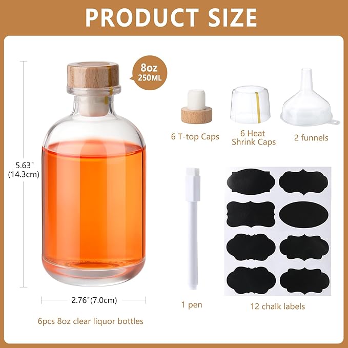 BPFY 6 Pack 8oz (250ml) Empty Glass Liquor Bottles with Lids, Heat Shrink Capsules, Whiskey Bottles for DIY Alcohol, Vodka, Reusable Glass Bottle with Caps