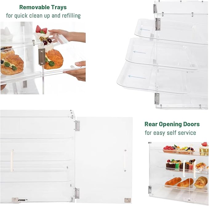 YBSVO 3 Tray Commercial Countertop Bakery Display Case with Rear Doors - 21" x 17 3/4" x 16 1/2"
