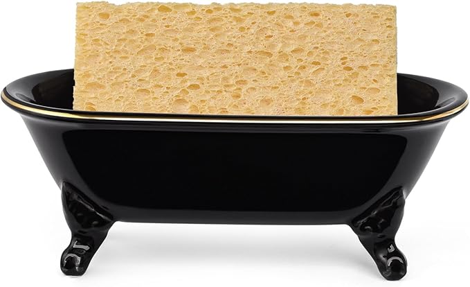 NEWHENGS 6.5" Ceramic Mini Decorative Clawfoot Bathtub Bar Soap Dish, Kitchen Sponge Holder and Shower Tray for Bathroom, 1 Pack (Black Gold Rim)