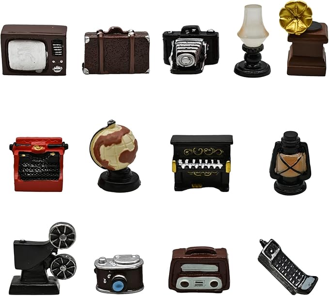Pinenjoy 13Pcs Miniature Home Appliances 1inch Retro Dollhouse Furniture Mini Simulated Resin Camera Telephone Television Models for DIY Diorama Micro Landscape Craft