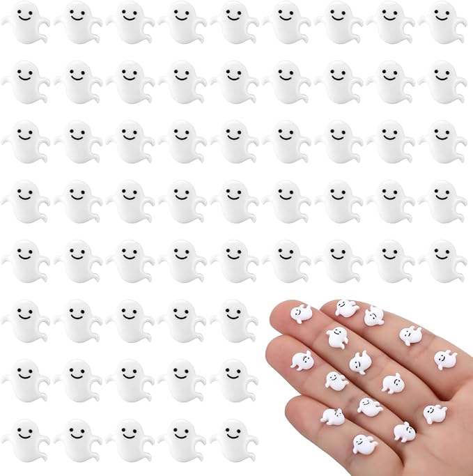 Giegxin 60 Pcs Halloween Miniatures Ghost Charms Flatback Mini Ghost Decoration Small Artificial Halloween DIY Craft for Party Dollhouse Hair Clips Vase Fillers Accessories(White,0.39 Inch)