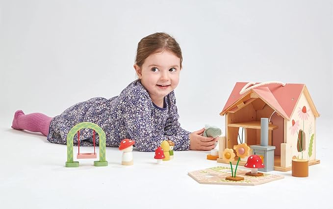 Tender Leaf Toys - Rosewood Cottage - Portable Furnished Wooden 2-Story Dollhouse Set with Handle, 4 Pcs Miniature Toadstool Family with 10 Accessories - Pretend Play Gift for Kids - Age 3+