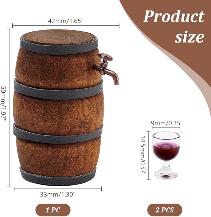 AHANDMAKER Miniature Wooden Beer Barrel Mini House Drink Accessories Figurine Wine Barrel Model with Faucet and Wine Glass Miniature Drink Bottles Pub Bar Accessories