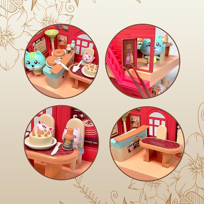 Koko's Cat Town DIY Miniature House Kit,Tiny House Cake Shop Building Kit,Dollhouse for 3 and up, Dollhouse Building Kit with Cats,Cat Toys Gift for Teens Kids Ages 3+