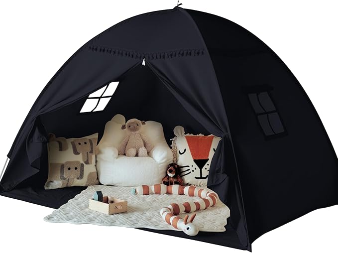 Full Size Bed Tent Canopy: Lights & Flags Indoor Floor Bed Kids Tent Playhouse - Space Blackout Sleeping Tents Indoor Breathable Portable Cottage Drafty Room Floor (Large Black)