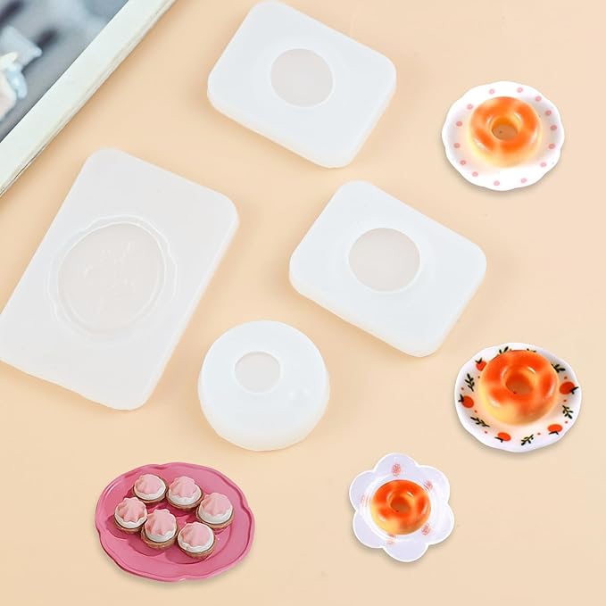 4Pcs Mini Dinner Plate Shape Resin Silicone Molds 3D Tiny Plate Epoxy Casting Molds for DIY Micro Resin Dollhouse Fairy Garden Kitchen Miniatures Landscape Decor