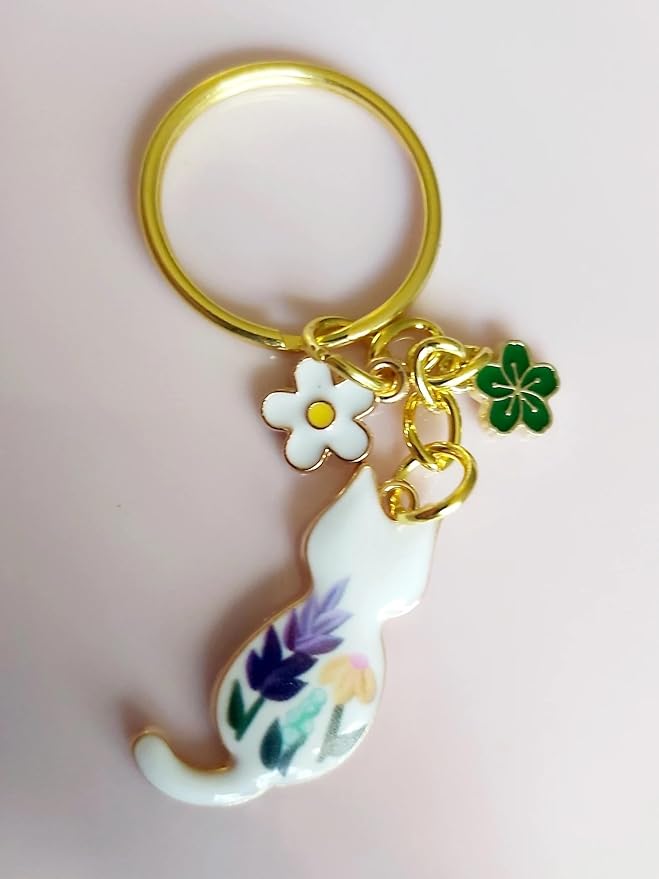 Agromusk Cute Cat Keychain, Enamel Flower Keyring Japanese Decor for Garden Cat Lovers, Kawaii Bag Charm With Sakura Flowers