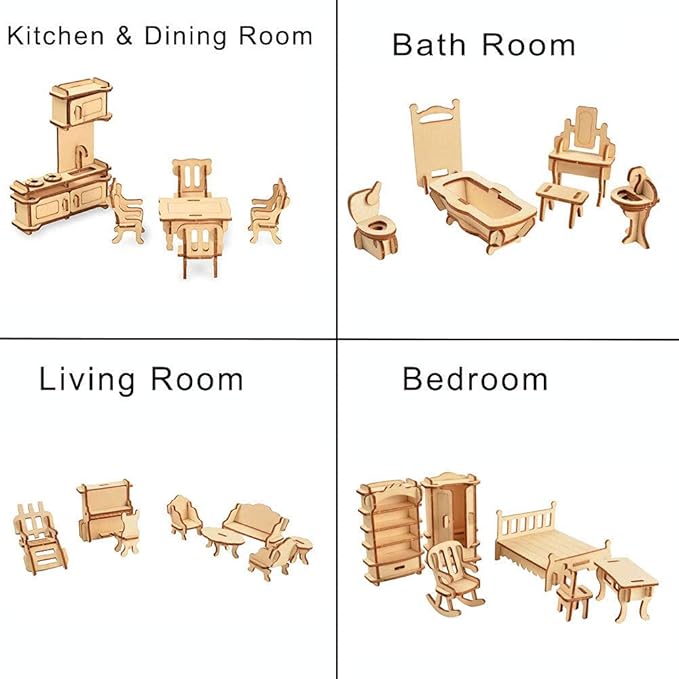 BOHS 34-Piece Dollhouse Furniture Set -1/24 Scale, Laser Cut Wooden 3D Puzzles - Miniature Doll House DIY Models and Accessories