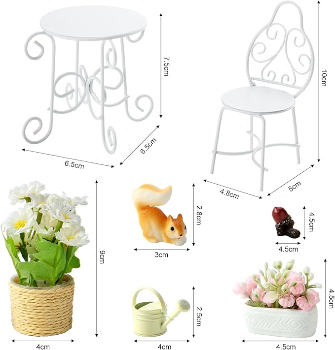 1/12 Scale Dollhouse Table Chair Sets, 9Pcs Metal Miniature Patio Sets, Dollhouse Fairy Garden Bistro Outdoor Furniture Accessories with Jasmine, Daisies, Squirrel and Kettle