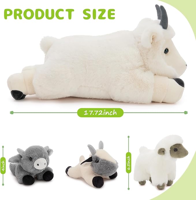 4Pcs Giant Goat Plush Toy, 17.7" Soft Mother Goat Stuffed Animal with 3 Cute Baby Goat Plushies, White Goat Body Pillow for Kids, Cuddly Stuffed Farm Aniaml Toy Gift for Christmas Birthday