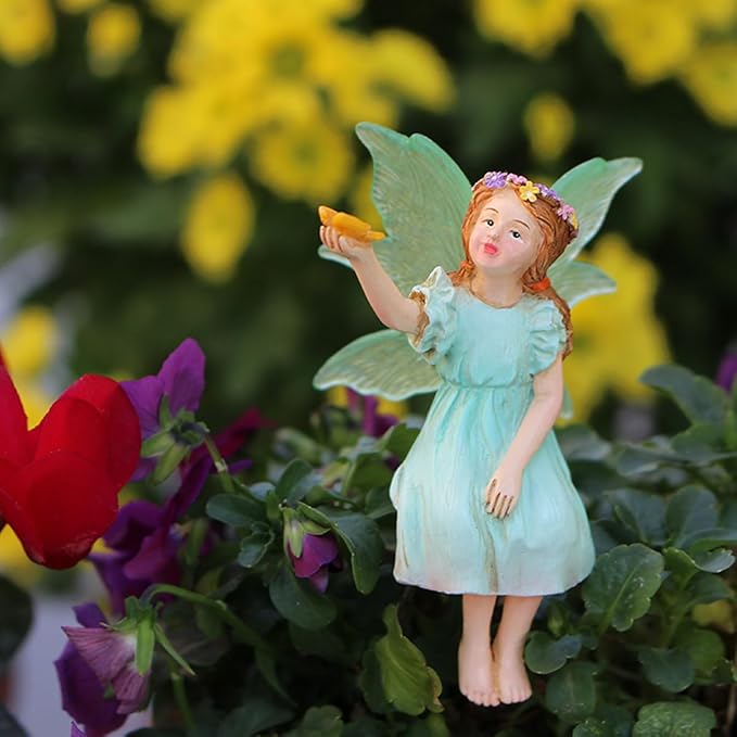 Purple Star Fairies for Fairy Garden Accessories Outdoor Miniature Fairy Figurines Mini Garden Stakes Decorative Small Resin Fairy Cake Topper Decorations Statue Valentines Day Gifts Green