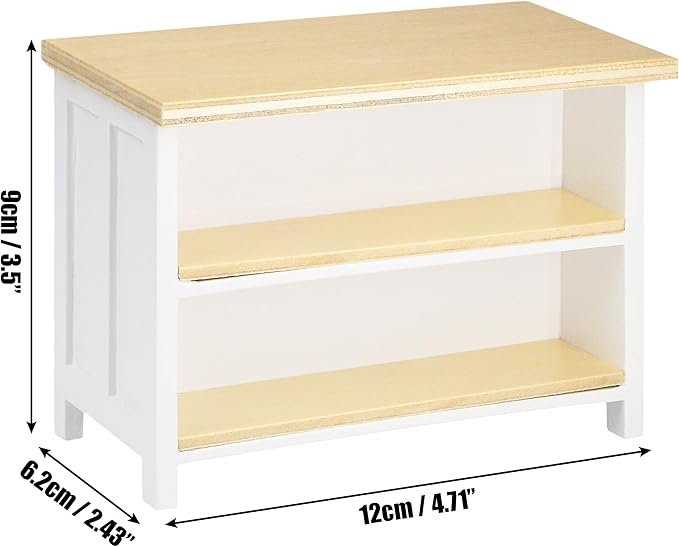 Miniature Dollhouse Kitchen Island, 1/12 Scale Wood Dining Table with Storage Shelves, Modern Furniture Accessories, Rectangular Mini Counter Shelving for Restaurant Pub Bar Decoration, White