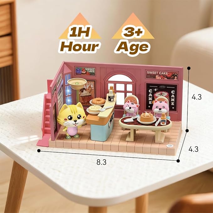 Koko's Cat Town DIY Miniature House Kit,Tiny House Cake Shop Building Kit,Dollhouse for 3 and up, Dollhouse Building Kit with Cats,Cat Toys Gift for Teens Kids Ages 3+