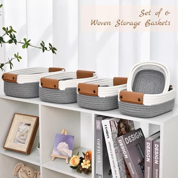 Storage Baskets for Organizing, Small Woven Basket Set of 6 - 4 Shelf Basket with Leather Handle and 2 Small Gift Baskets, Cotton Rope Basket for Shelves, Nursery, Dog Toy, Bathroom