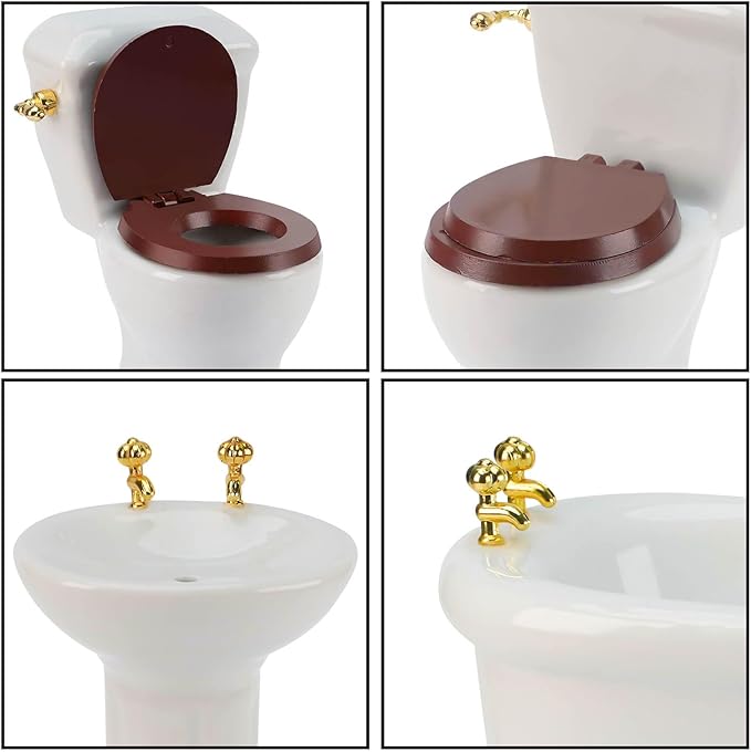 Waldosia 1:12 Scale White Porcelain Dollhouse Bathroom Set – 4-Piece Miniature Furniture with Bathtub, Pedestal Sink, Toilet & Mirror