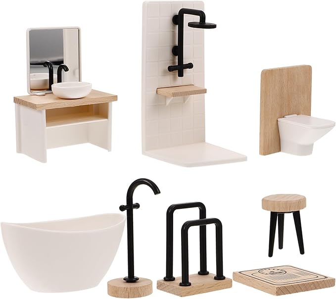 DOITOOL Doll House Bathroom Set 1:12 Scale Dollhouse Furniture, Miniature Dollhouse Modern Bathroom Accessories, Toilet Bathtub Sink and More, Wood and Plastic