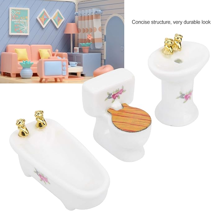 Aqur2020 1:24 Dollhouse Bathroom Set, Simulation Ceramic Bathtub Toilet Sink Kit with Metal Chain and Wood Lid for Miniature Dollhouse Bathroom Scene Decor (Rose)