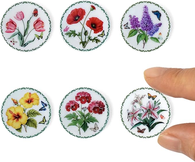 6PCS Handcrafted Miniature Ceramic Plates in 1:12 or 1:6 Scale, Vintage Porcelain Playhouse Dishes (Garden-A, 2.3CM)