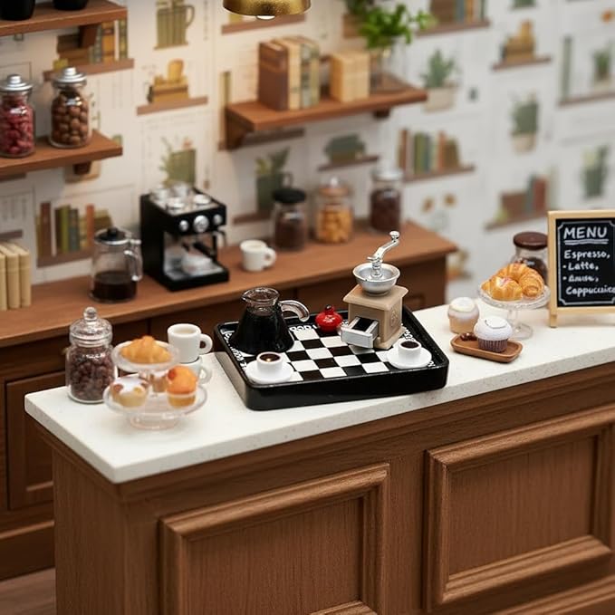 Dollhouse Miniature Coffee Shop Set, 1:12 Scale Mini Café Accessories, DIY Dollhouse Display Kit, Detailed Tiny Café Scene Kit for Collectors & Crafts
