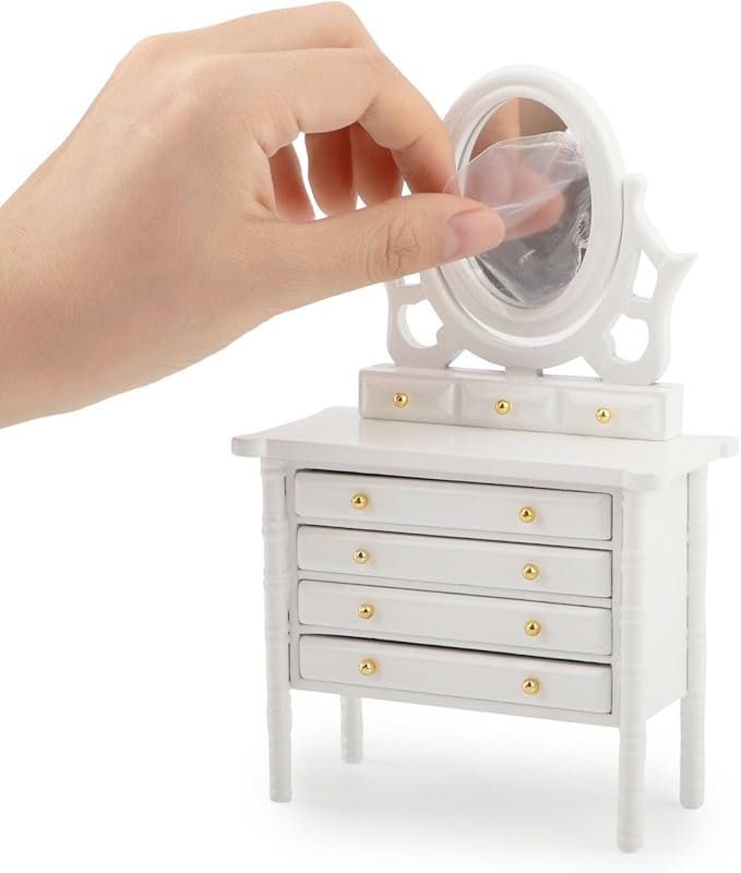 Miniature Dollhouse Vanity Table 1 12 Furniture Makeup Dressing Table with Mirror and 4 Drawers Mini House Accessories Bedroom Living Room Scene Decoration (White)