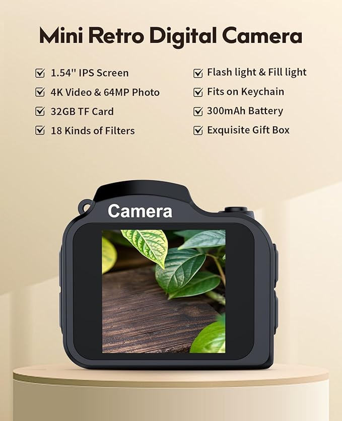 FLATIC Mini Keychain Camera –4K Digital Tiny Camera with 32GB Card & Elegant Gift Box, Fun Pocket-Sized Gadget for Kids & Adults, Collectible Gift for Travel, Birthdays & Stocking Stuffers, Black