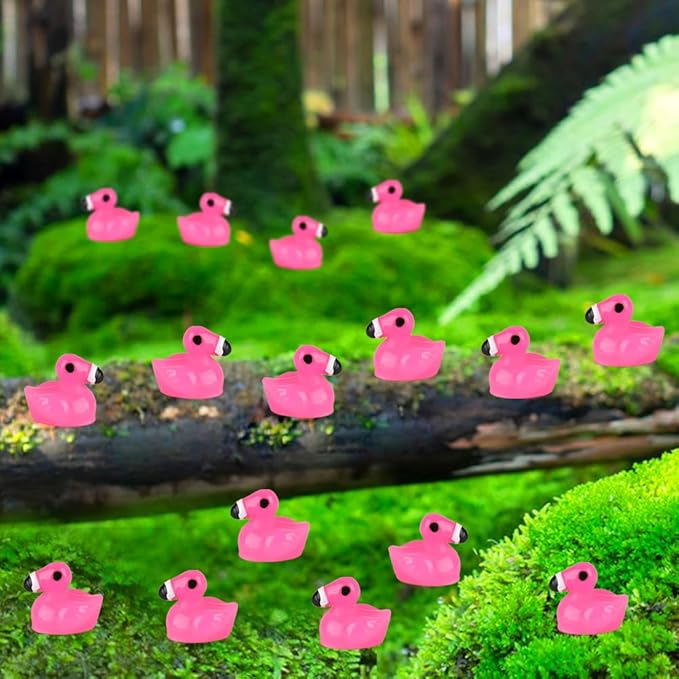 100pcs Mini Flamingo Resin Ducks, Pink Figurine Tiny Animals Set Toy Bulk for Garden Lawn Decor DIY Craft Dollhouse Micro Landscape Fairy Party Gifts