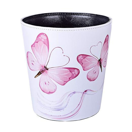 Scakbyer 10L/2.64 Gallon PU Leather Trash Can Decorative Waterproof Wastebasket Paper Basket Garbage Bin for Home Office Bathroom - Pink Butterfly