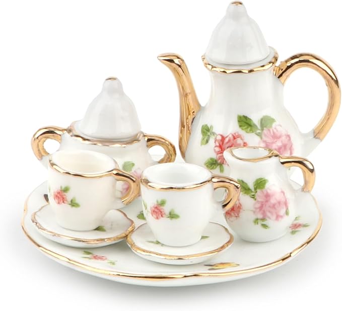 Dollhouse 1:6 Porcelain Tea Cup Sets 8 Pcs Set Miniature Ceramics Dollhouse Accessories Flower Pattern Teapot Platter Dish Sets Dollhouse Kitchen Supplies Decoration (Butterfly)